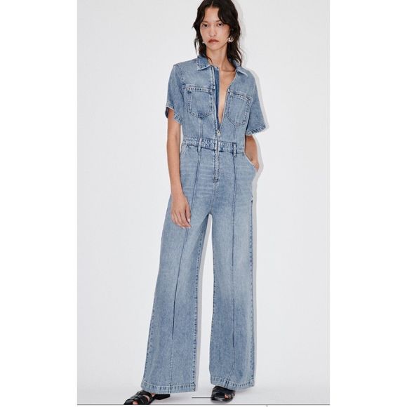 Zara ZW Full Length Denim Long Jumpsuit NWT - Picture 4 of 10